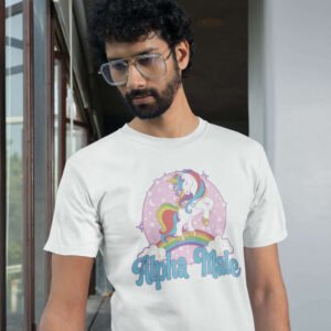 Man wearing a white t-shirt with pastel rainbow unicorn graphics and the text 'Alpha Male' printed on the front.
