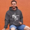 Man wearing a dark heather grey stripper humor hoodie sweatshirt with image of pole dancer and the text 'I support single moms' printed on the front.