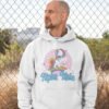 Tough looking man wearing white hoodie sweatshirt with pastel rainbow unicorn graphics and the text 'Alpha Male' printed on the front.
