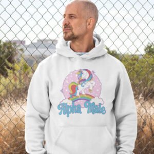 Tough looking man wearing white hoodie sweatshirt with pastel rainbow unicorn graphics and the text 'Alpha Male' printed on the front.