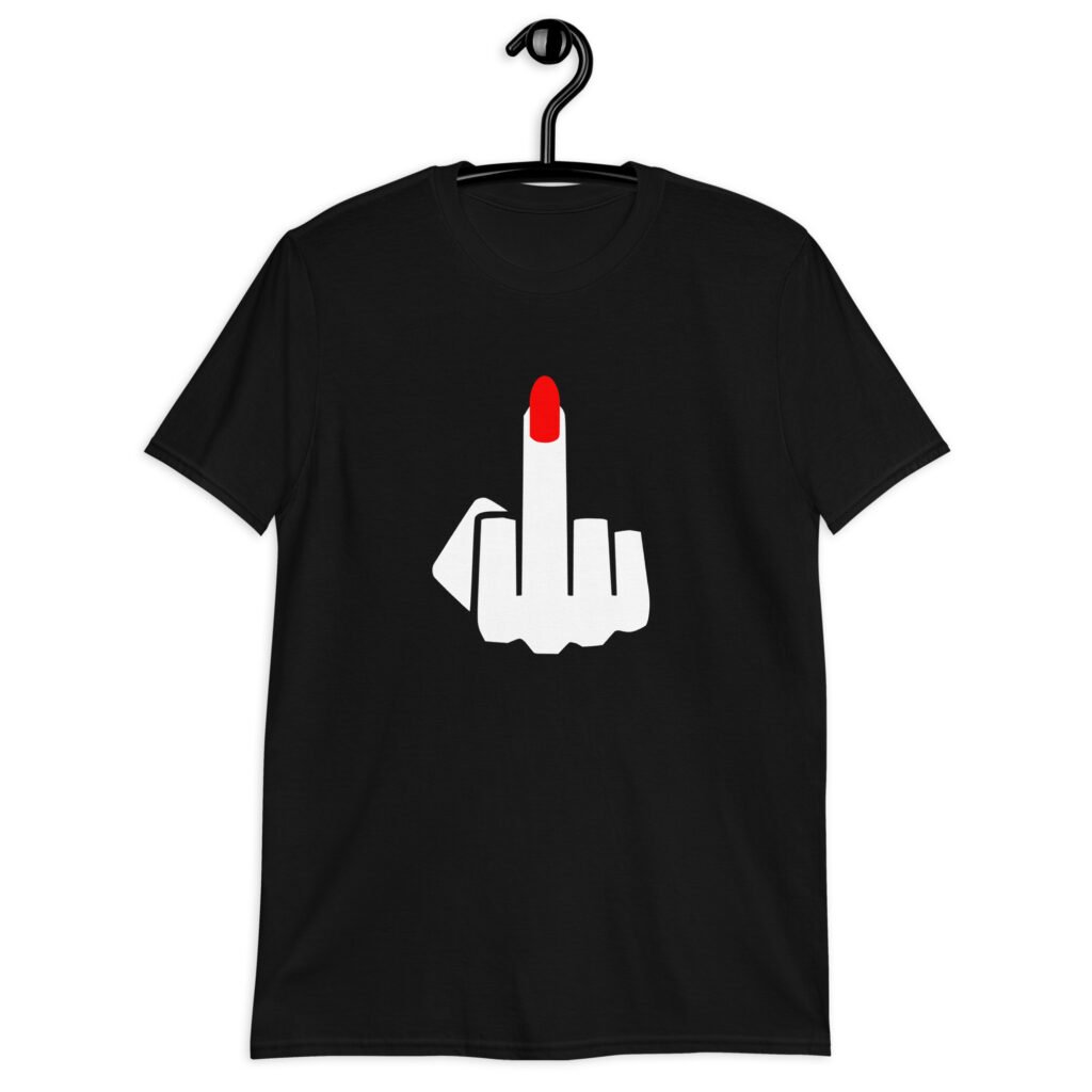 Black t-shirt with an image of a middle finger with long red fingernail silhouette printed on the front.