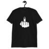 Blacjk t-shirt with an image of middle finger silhouette printed on the front.