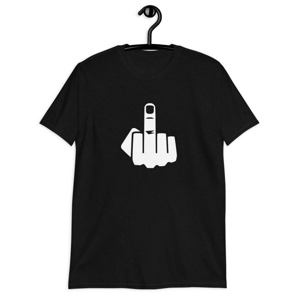 Blacjk t-shirt with an image of middle finger silhouette printed on the front.