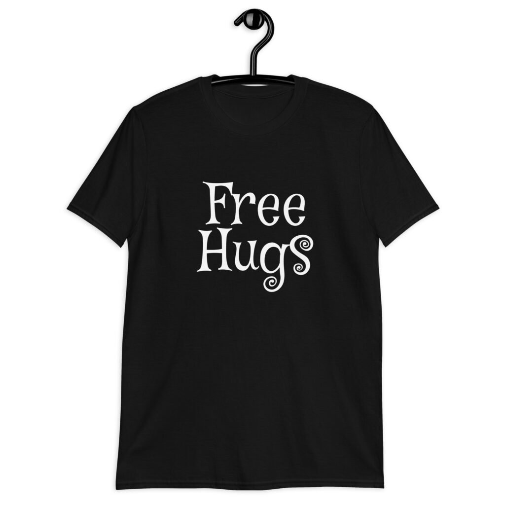 Black t-shirt with the text 'Free Hugs' printed on the front.