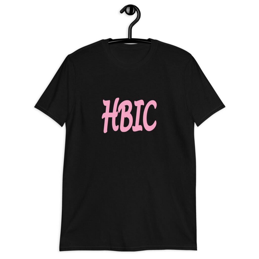 Black t-shirt with the acronym 'HBIC' printed on the front in pink.
