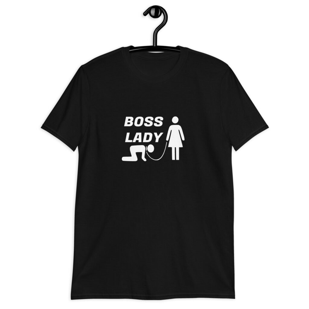 Black t-shirt with graphic of collared and leashed man on his hands and knees being led by a woman and the text 'Boss Lady' printed on the front.