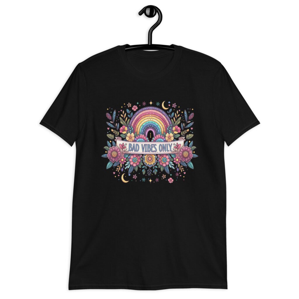 Black t-shirt with colorful boho floral design and the test 'Bad vibes only' printed on the front.