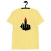 Cornsilk yellow t-shirt with an image of a middle finger with long red fingernail silhouette printed on the front.