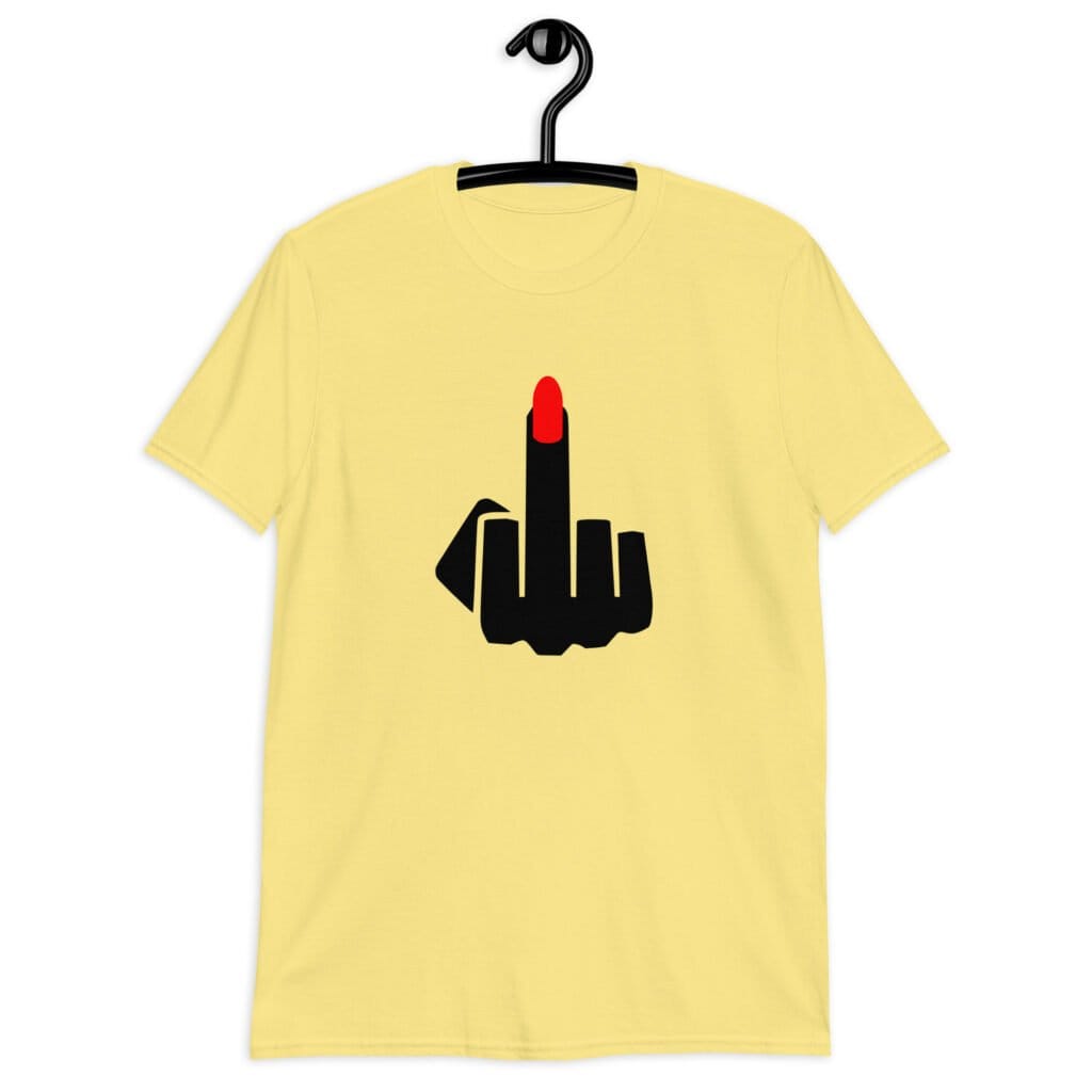 Cornsilk yellow t-shirt with an image of a middle finger with long red fingernail silhouette printed on the front.