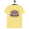 Cornsilk yellow t-shirt with colorful boho floral design and the test 'Bad vibes only' printed on the front.