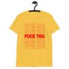Daisy yellow t-shirt with a parody graphic of a generic grocery store bag that traditionally have Thank you printed all over but it says Fuck you instead of Thank you. The graphics are printed in red on the front of the shirt.