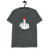 Dark heather grey t-shirt with an image of a middle finger with long red fingernail silhouette printed on the front.