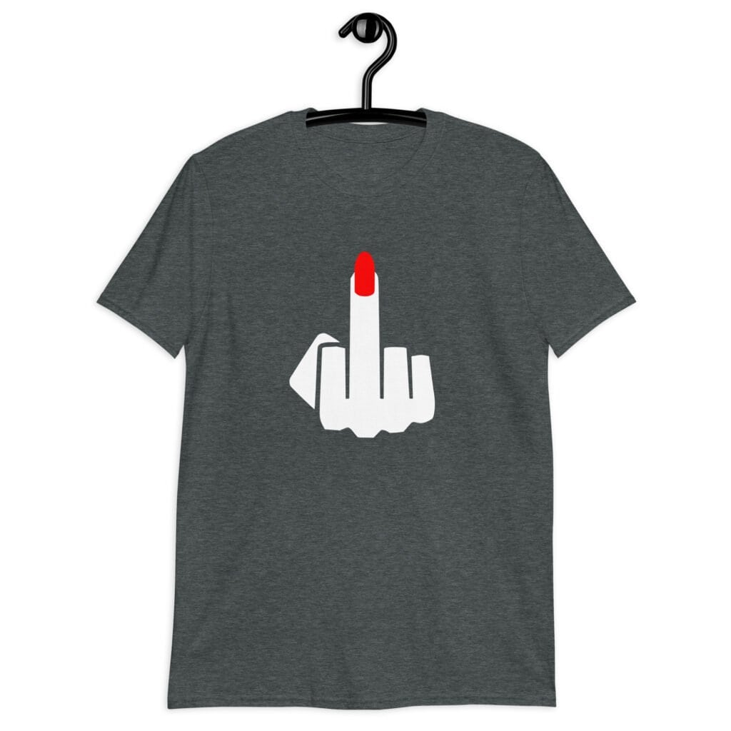 Dark heather grey t-shirt with an image of a middle finger with long red fingernail silhouette printed on the front.