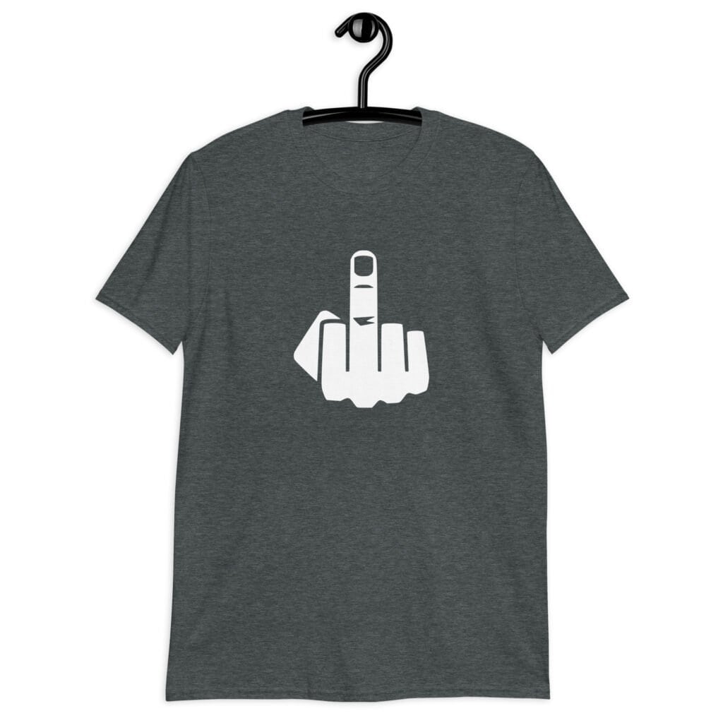 Dark heather grey t-shirt with an image of middle finger silhouette printed on the front.