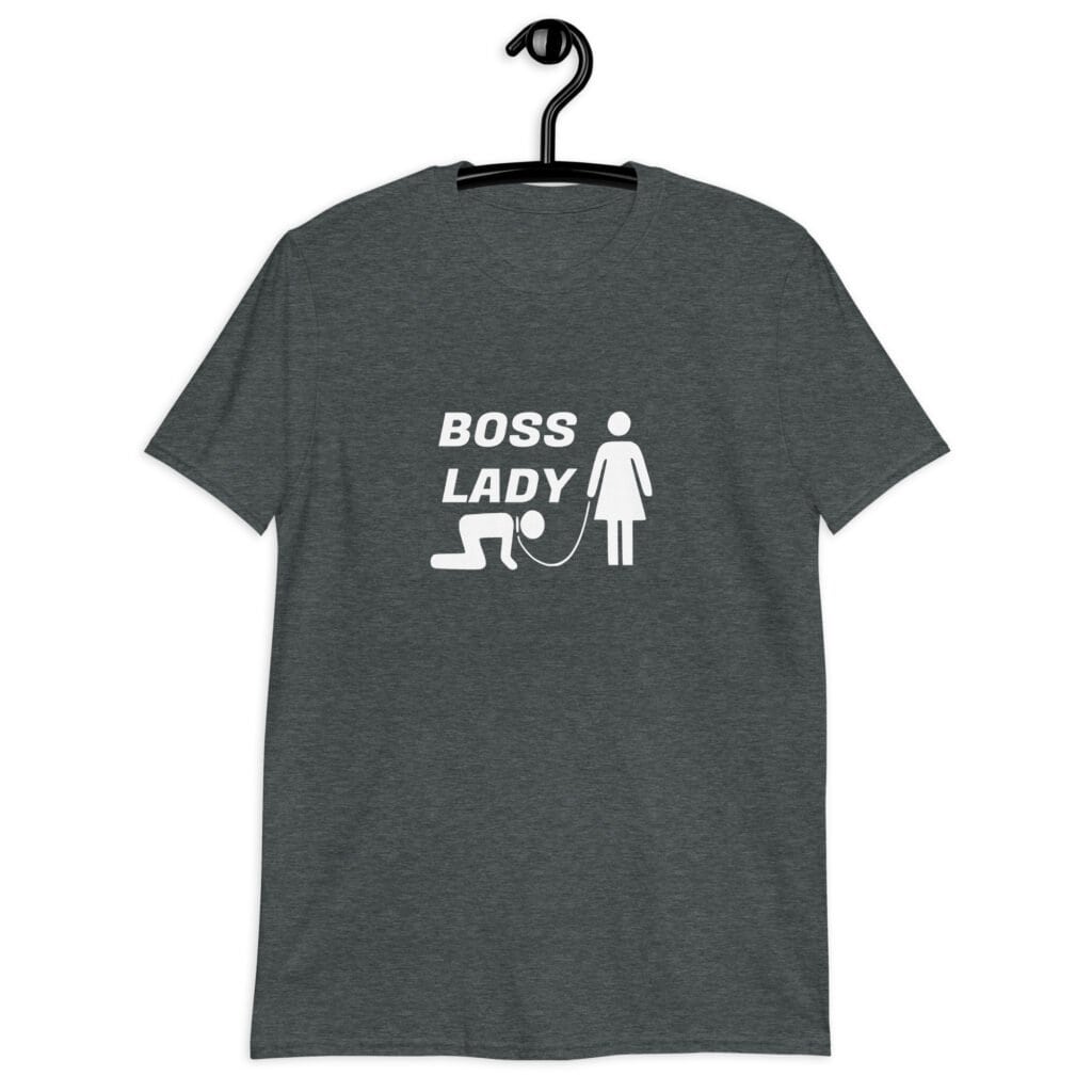 Dark heather grey t-shirt with graphic of collared and leashed man on his hands and knees being led by a woman and the text 'Boss Lady' printed on the front.