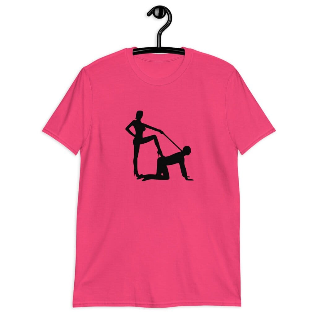 Heliconia pink bdsm power dynamic shirt with the image of a silhouette of a man on his hands and knees and a dominatrix holding his leash printed on the front.