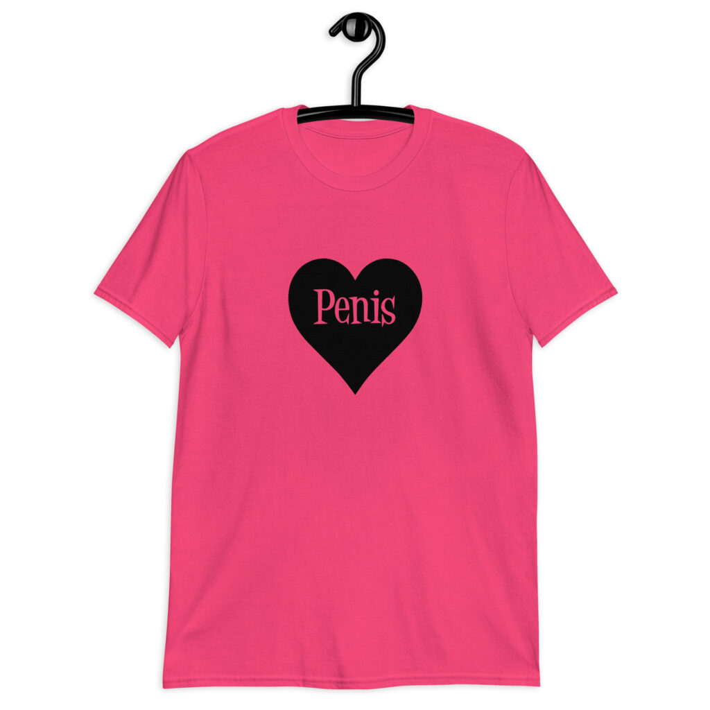 Heliconia pink t-shirt with a heart image printed on the front. The word 'Penis' is inside the heart.