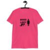 Heliconia pink t-shirt with graphic of collared and leashed man on his hands and knees being led by a woman and the text 'Boss Lady' printed on the front.