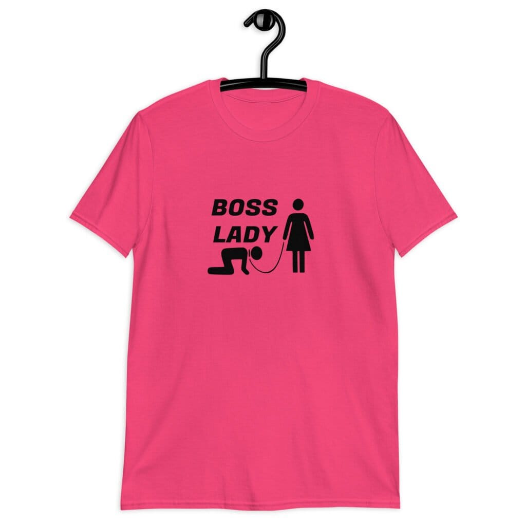 Heliconia pink t-shirt with graphic of collared and leashed man on his hands and knees being led by a woman and the text 'Boss Lady' printed on the front.