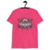 Heliconia pink t-shirt with colorful boho floral design and the test 'Bad vibes only' printed on the front.