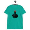 Jade color t-shirt with an image of a middle finger with long red fingernail silhouette printed on the front.