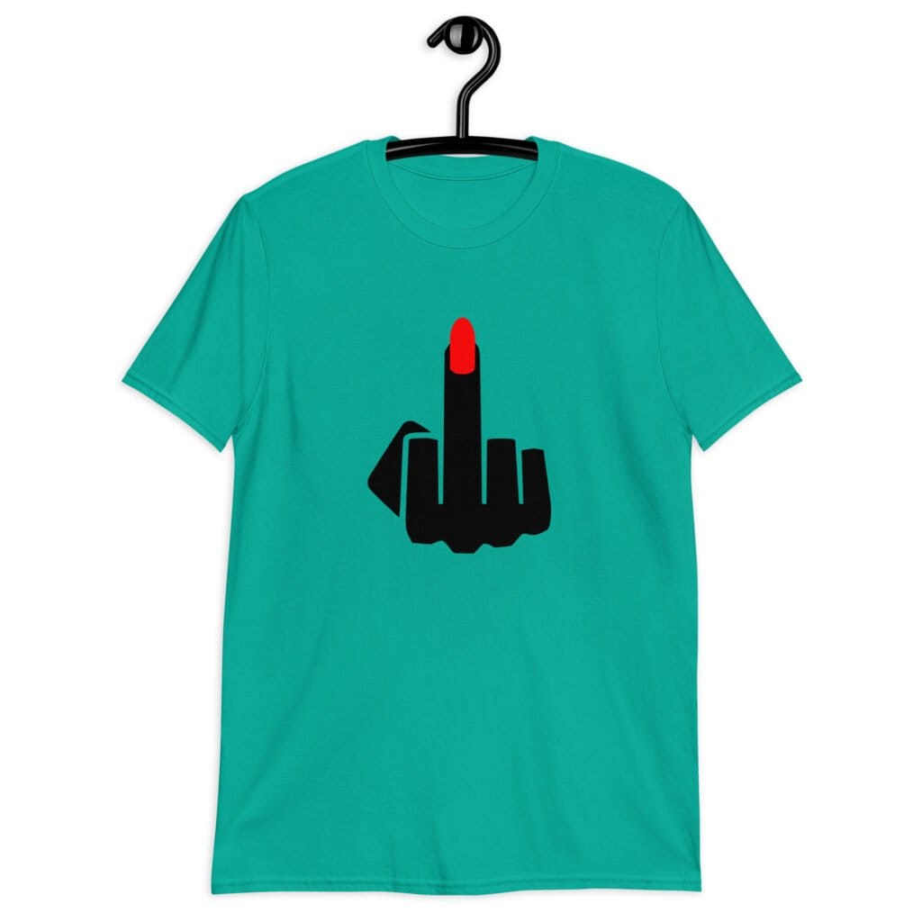 Jade color t-shirt with an image of a middle finger with long red fingernail silhouette printed on the front.
