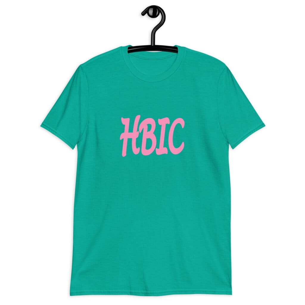 Jade color t-shirt with the acronym 'HBIC' printed on the front in pink.