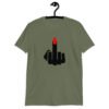 Military green t-shirt with an image of a middle finger with long red fingernail silhouette printed on the front.