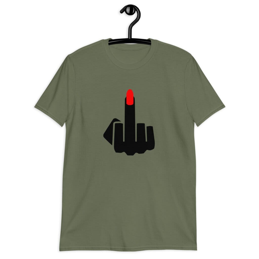 Military green t-shirt with an image of a middle finger with long red fingernail silhouette printed on the front.