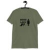 Military green t-shirt with graphic of collared and leashed man on his hands and knees being led by a woman and the text 'Boss Lady' printed on the front.