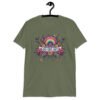 Military green t-shirt with colorful boho floral design and the test 'Bad vibes only' printed on the front.