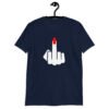 Navy blue t-shirt with an image of a middle finger with long red fingernail silhouette printed on the front.