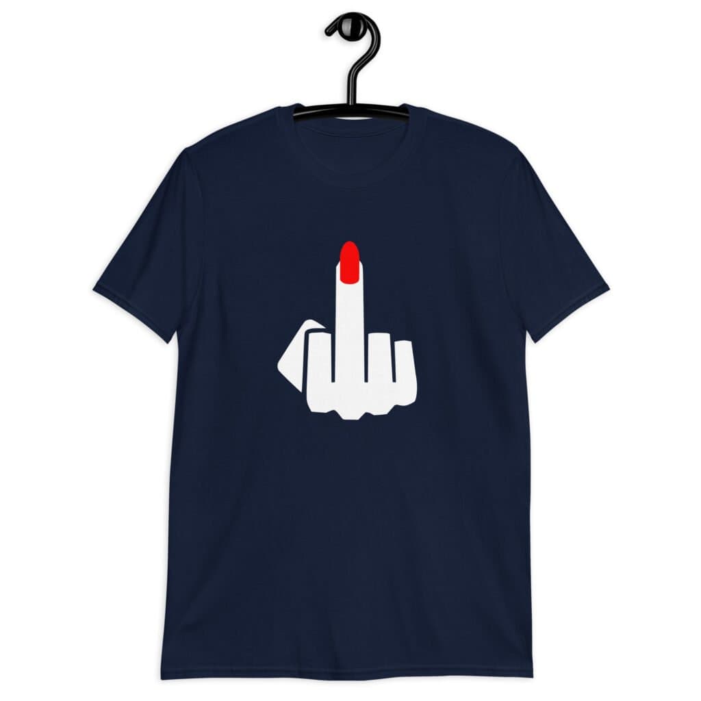 Navy blue t-shirt with an image of a middle finger with long red fingernail silhouette printed on the front.