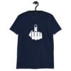 Navy blue t-shirt with an image of middle finger silhouette printed on the front.