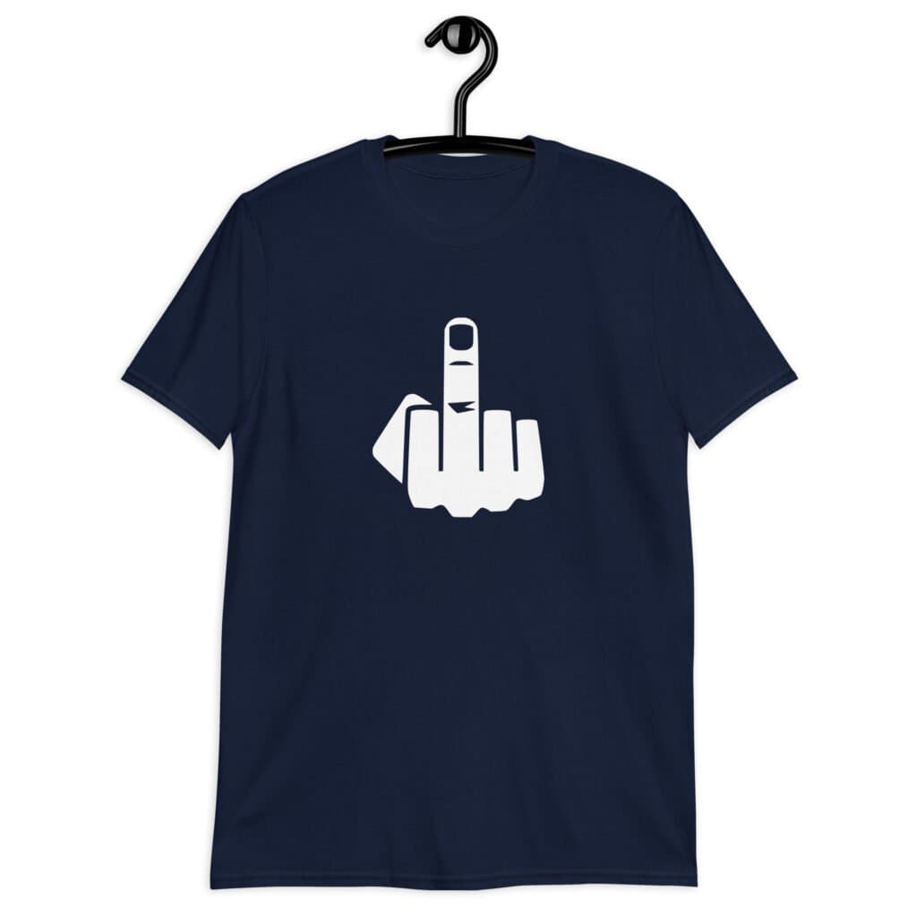 Navy blue t-shirt with an image of middle finger silhouette printed on the front.