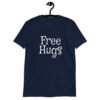 Navy blue t-shirt with the text 'Free Hugs' printed on the front.