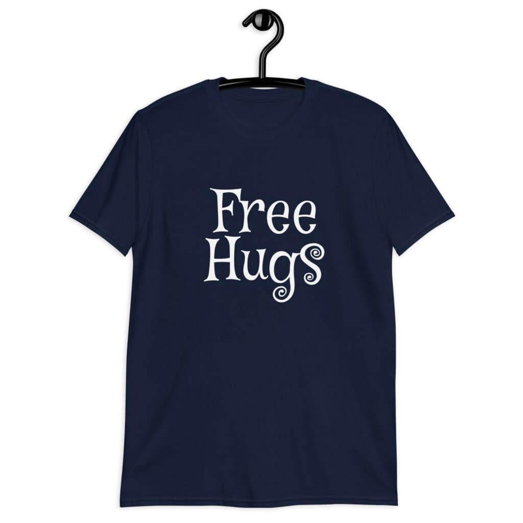 Navy blue t-shirt with the text 'Free Hugs' printed on the front.