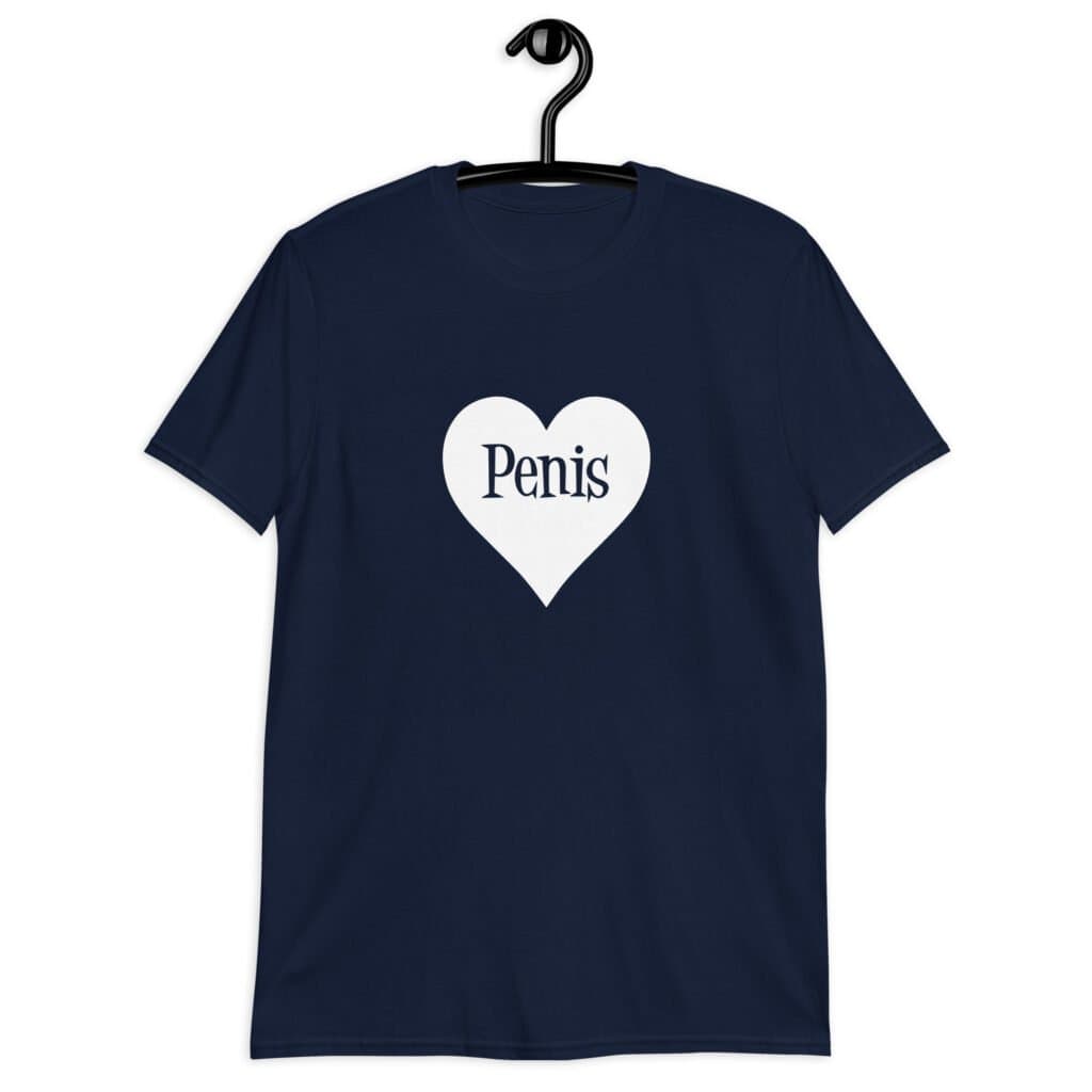 Navy blue t-shirt with a heart image printed on the front. The word 'Penis' is inside the heart.