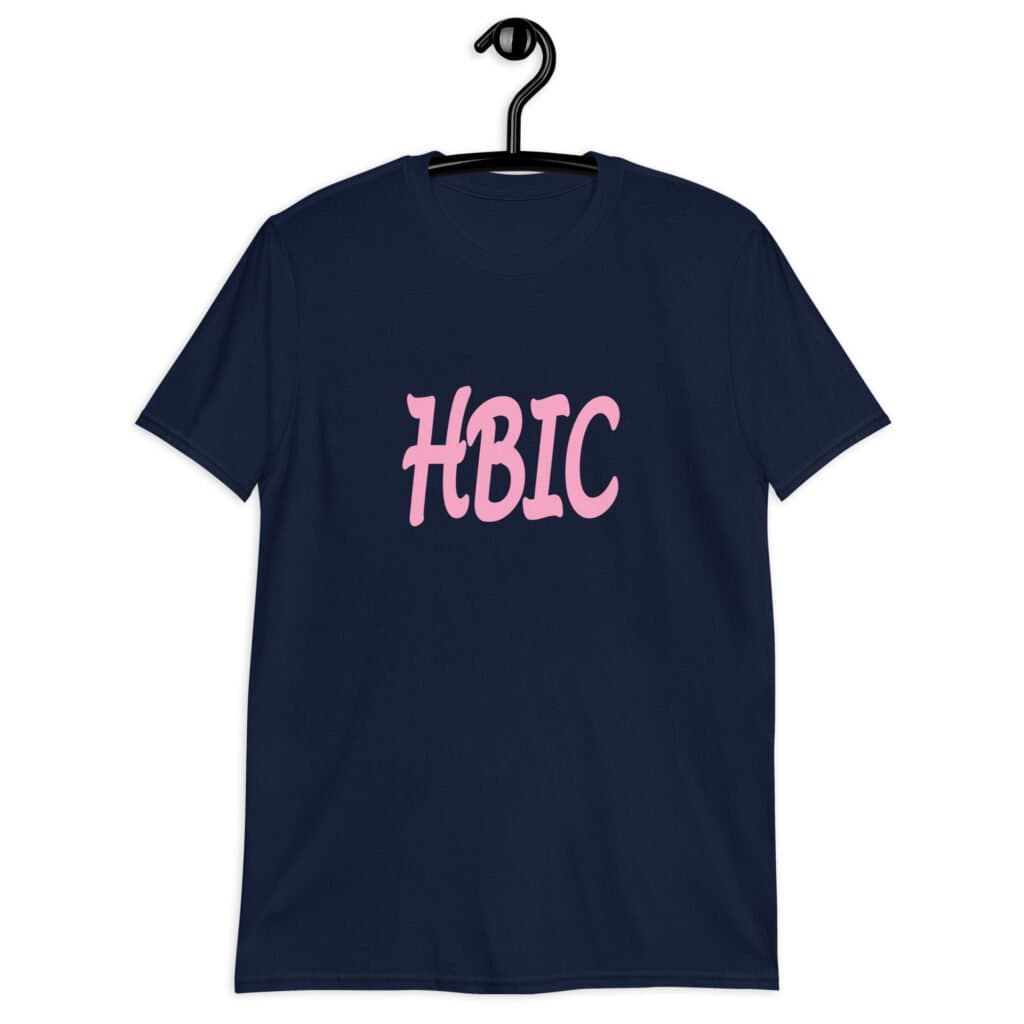 Navy blue t-shirt with the acronym 'HBIC' printed on the front in pink.