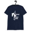Navy blue stripper humor tshirt with image of pole dancer and the text 'I support single moms' printed on the front.