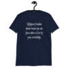 Navy blue t-shirt with the text 'Religious freedom doesn't mean you can force others to live by your own beliefs.' printed on the front.