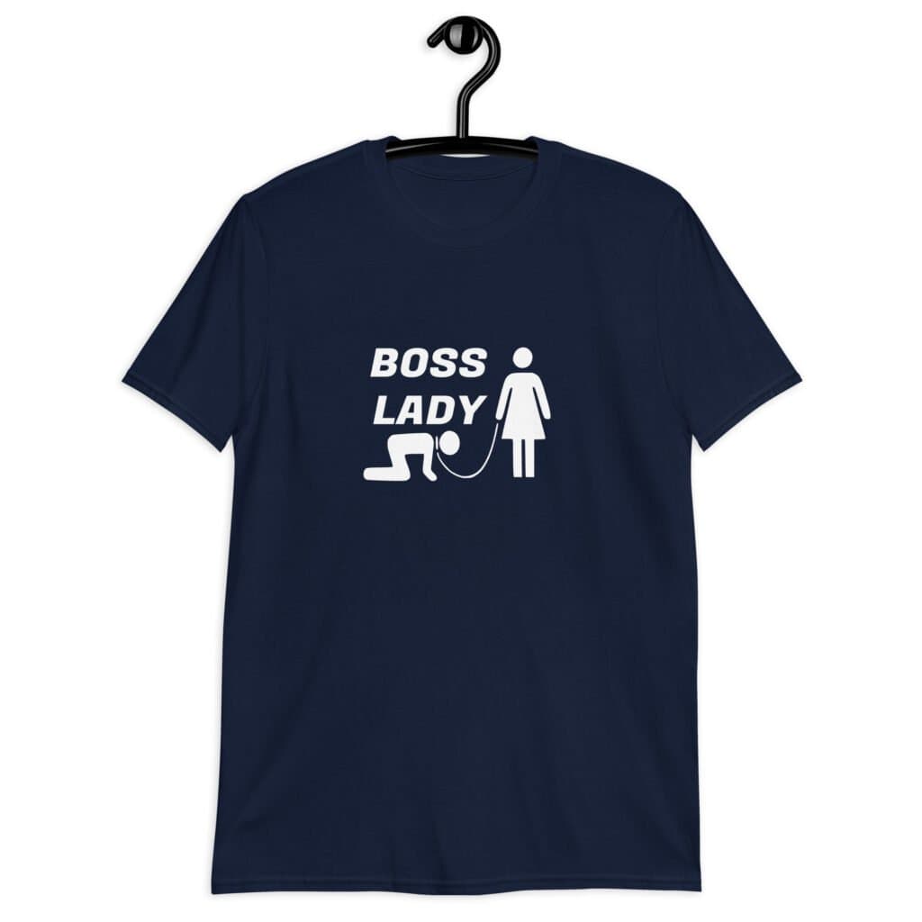 Navy blue t-shirt with graphic of collared and leashed man on his hands and knees being led by a woman and the text 'Boss Lady' printed on the front.