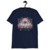 Navy blue t-shirt with colorful boho floral design and the test 'Bad vibes only' printed on the front.