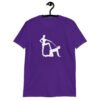 Purple bdsm power dynamic shirt with the image of a silhouette of a man on his hands and knees and a dominatrix holding his leash printed on the front.