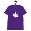 Purple t-shirt with an image of middle finger silhouette printed on the front.