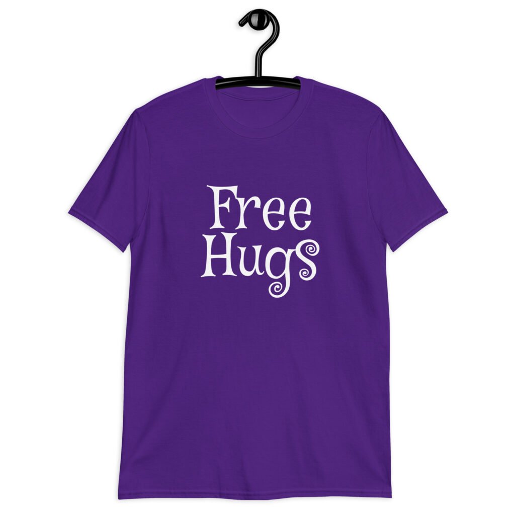 Purple t-shirt with the text 'Free Hugs' printed on the front.