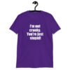 Purple t-shirt with the text 'I'm not cranky. You're just stupid!' printed on the front.
