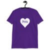 Purple t-shirt with a heart image printed on the front. The word 'Penis' is inside the heart.