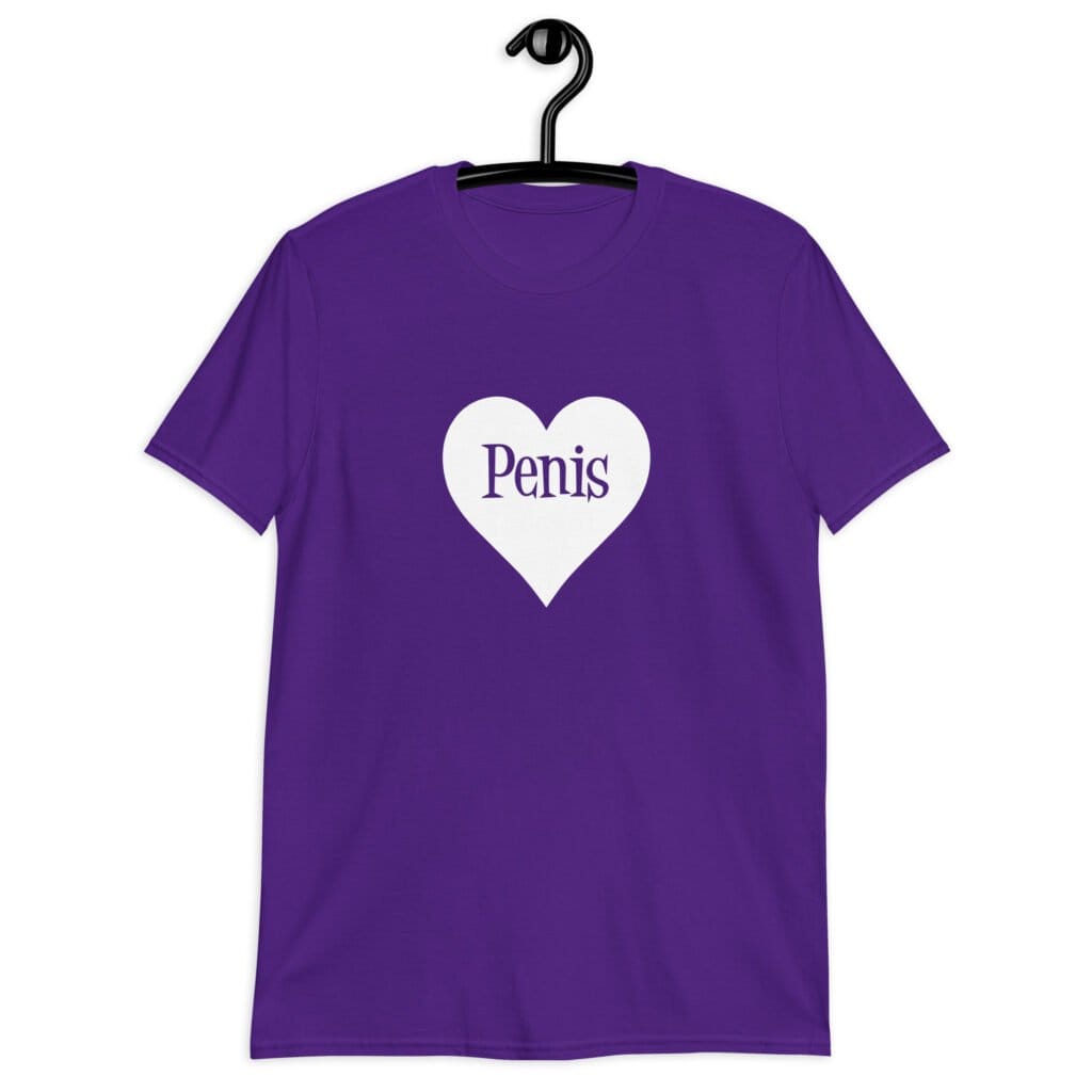 Purple t-shirt with a heart image printed on the front. The word 'Penis' is inside the heart.