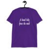 Purple t-shirt with the text 'A bound body frees the mind' printed on the front.